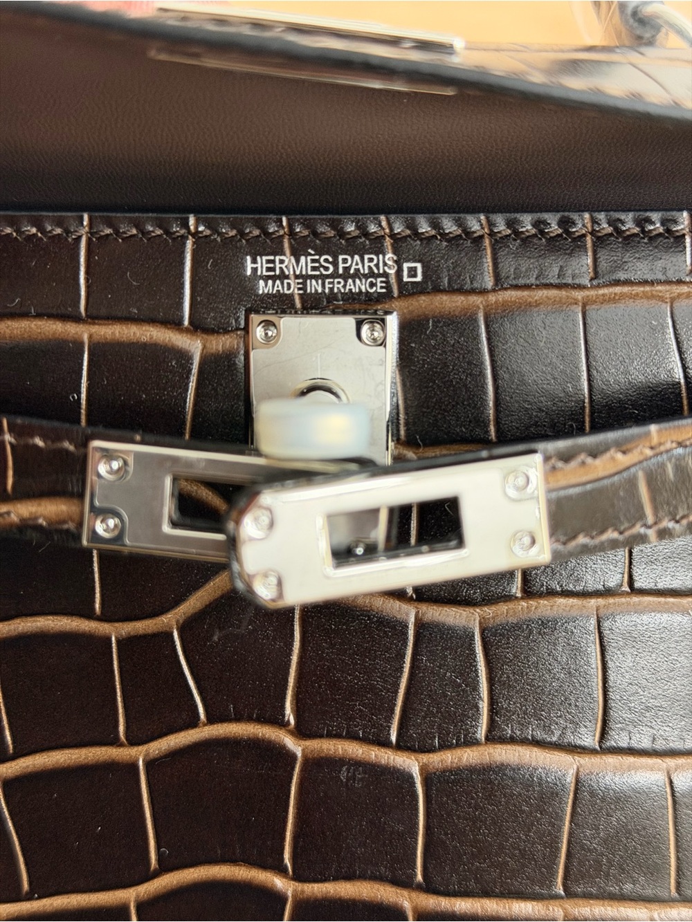 H mini Kelly embossed croc brown Cocoa Crocodile 20 Top Handle Bag PHW - Picture 6 of 10